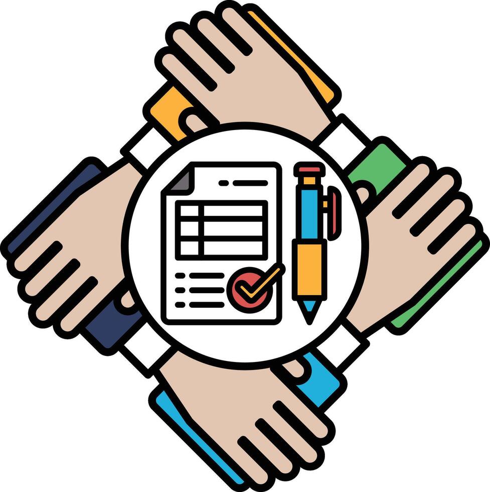 A group of people holding hands around a piece of paper with a pen on it vector