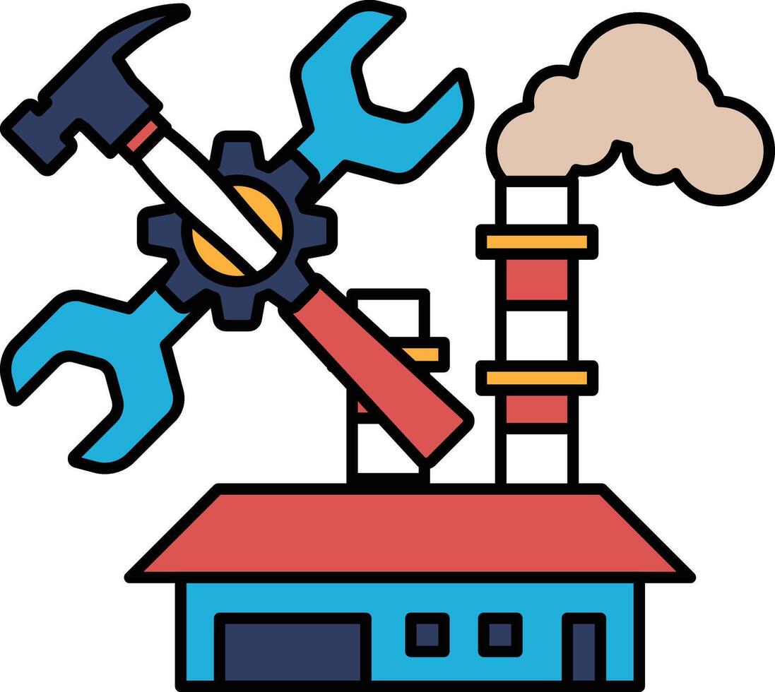 A blue and red building with a red roof and a blue wrench on top of it vector