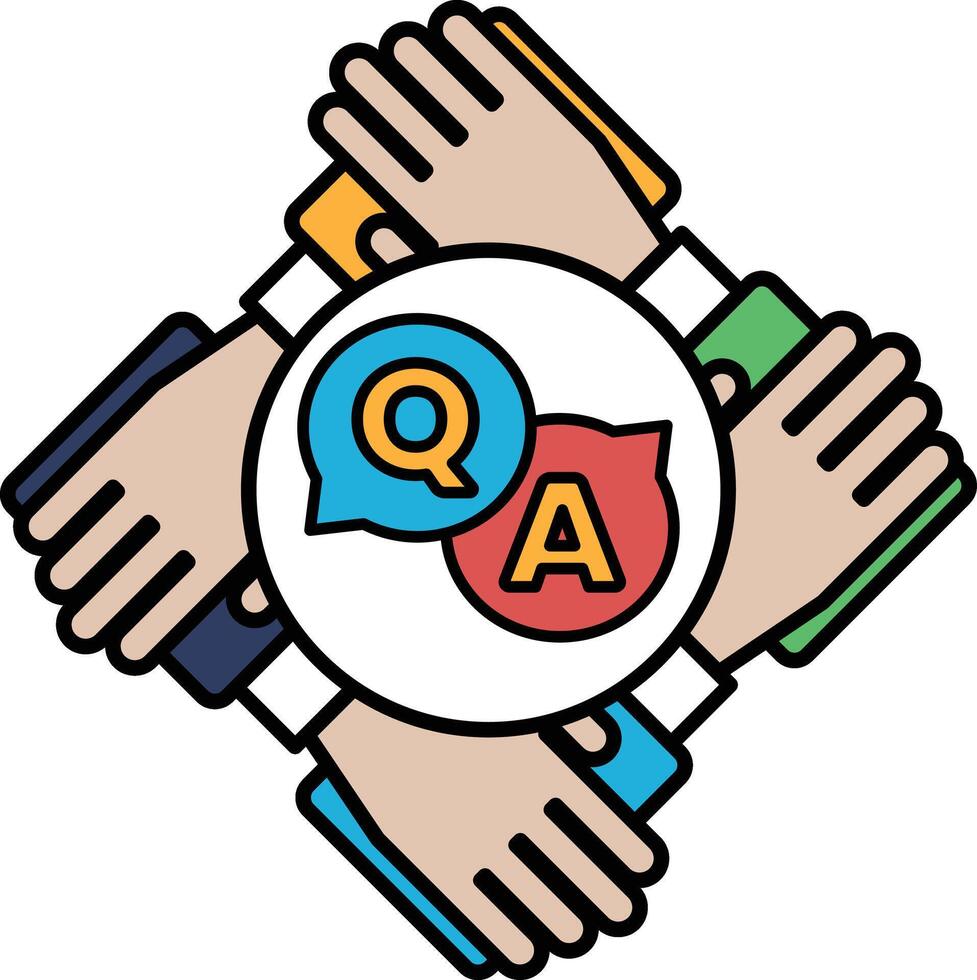 A group of hands holding a QA symbol vector