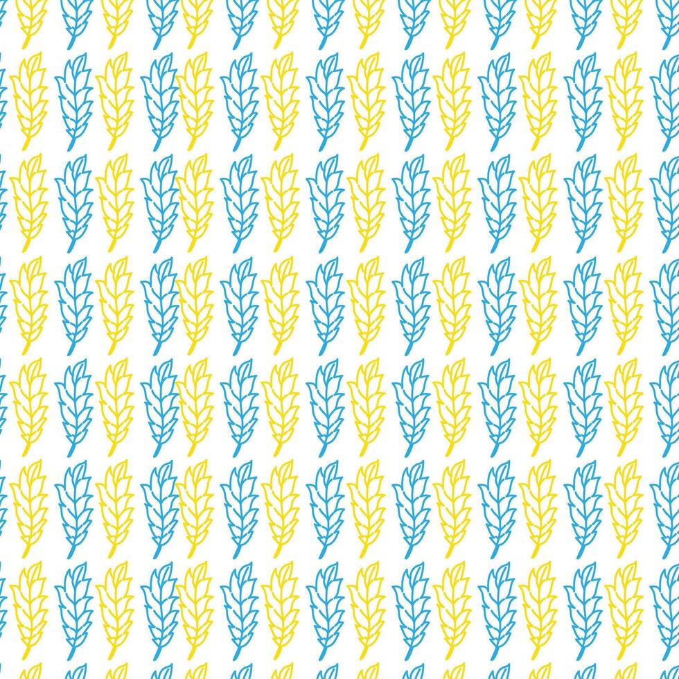 seamless pattern of blue and yellow wheat ears, inspired by Ukrainian flag colors. Ideal for harvest, bakery, packaging, and wrapping paper. Flat, hand drawn, outline style illustration. vector