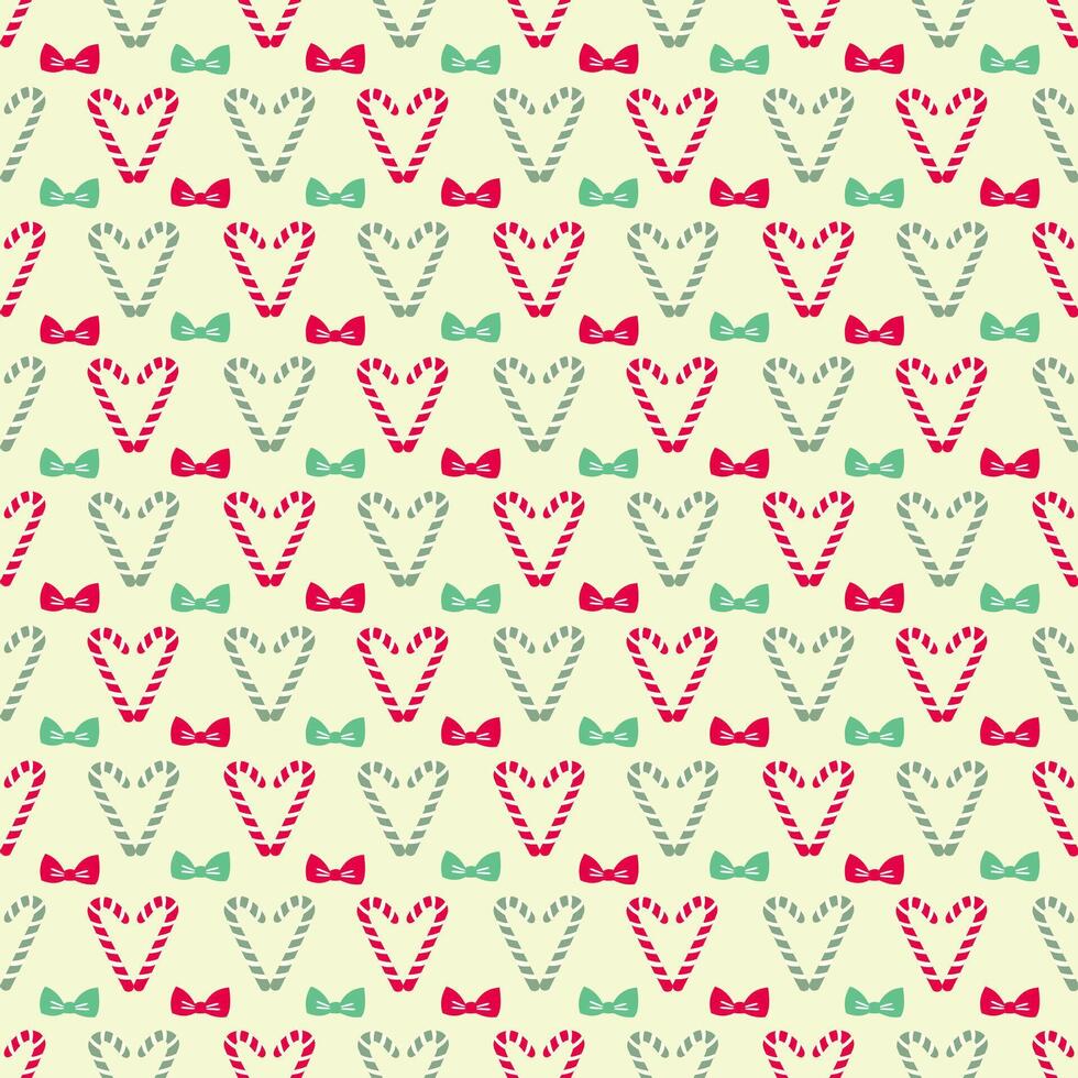 A delightful seamless pattern featuring alternating rows of candy cane hearts in red and mint green, adorned with matching bows vector