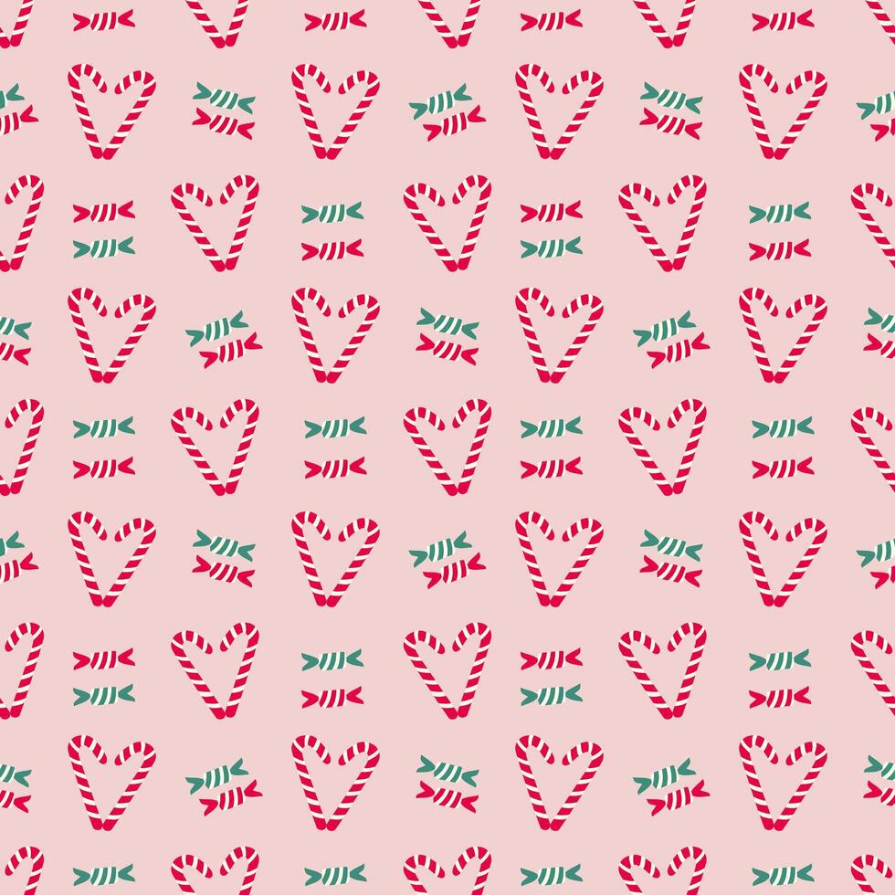 A charming and festive seamless pattern featuring repeating red and white candy canes forming heart shapes vector