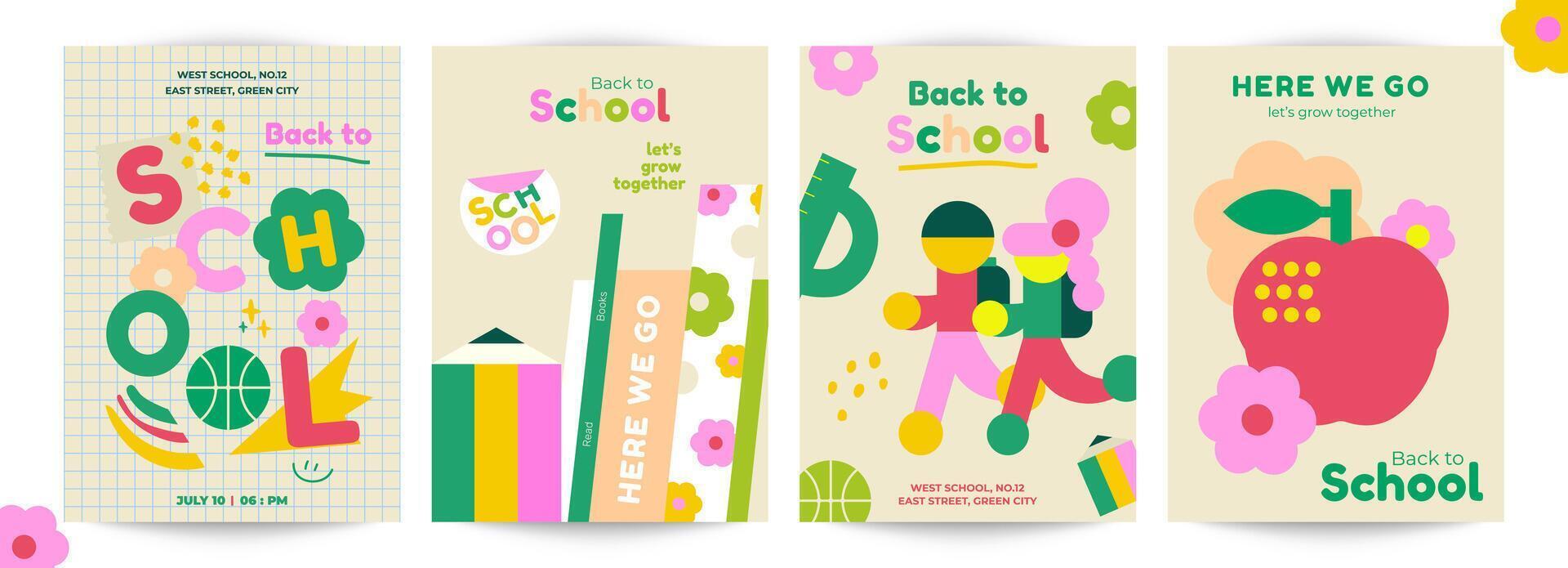 Set of 4 retro-style Back to School posters. Geometric shapes, playful typography and fun illustrations with a school theme. Perfect for promoting school events. vector