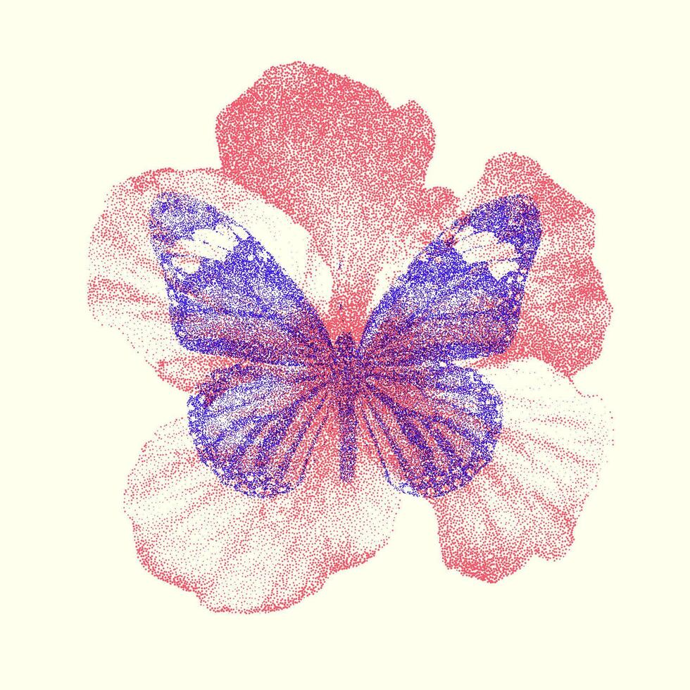 Risograph Print with Flower and Butterfly vector