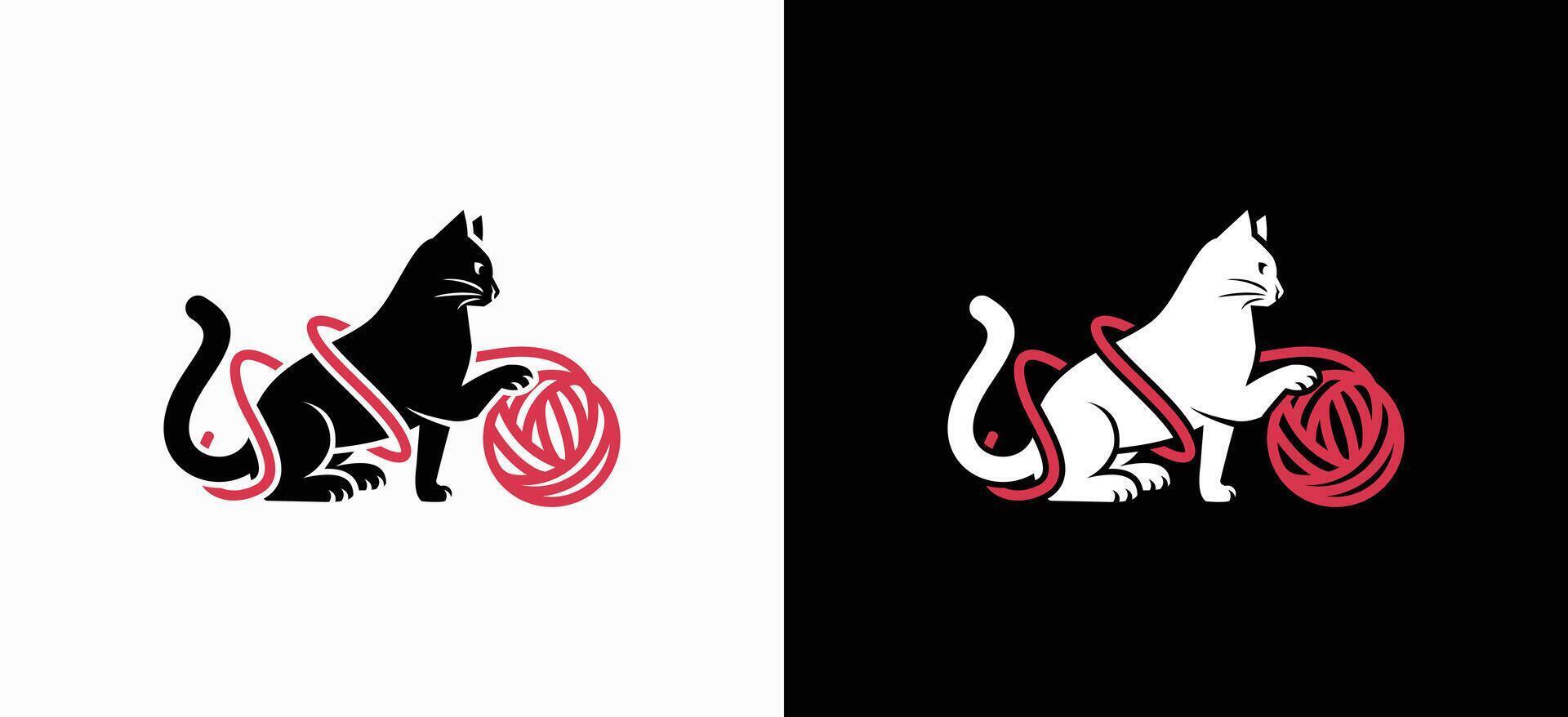 design illustration of a cat silhouette playing with a ball of wool yarn vector