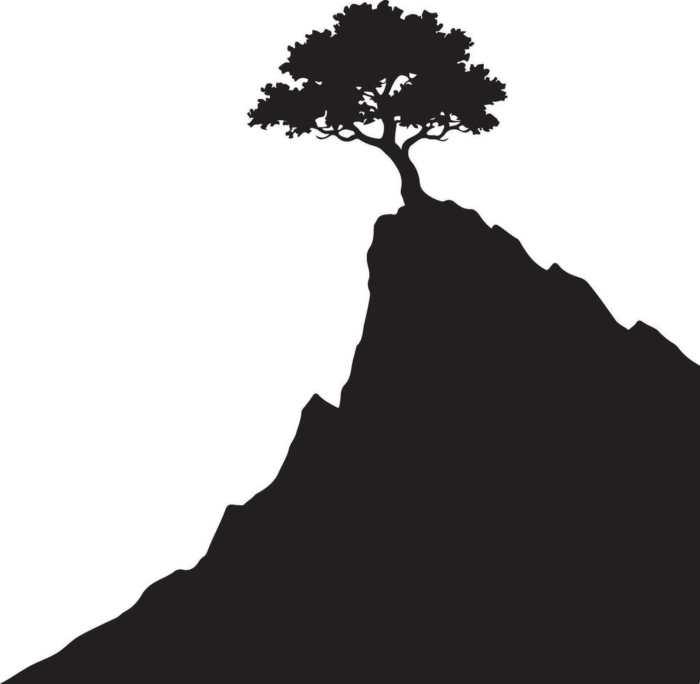 Serene Silhouette of a Lone Tree Standing Tall on a Majestic Mountain Peak under a Bright Sky vector
