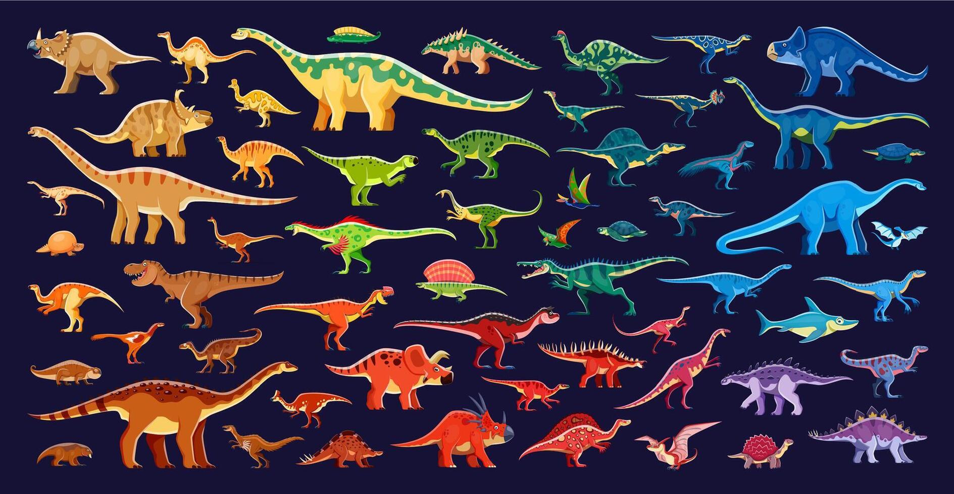 Colorful illustration of various dinosaurs vector