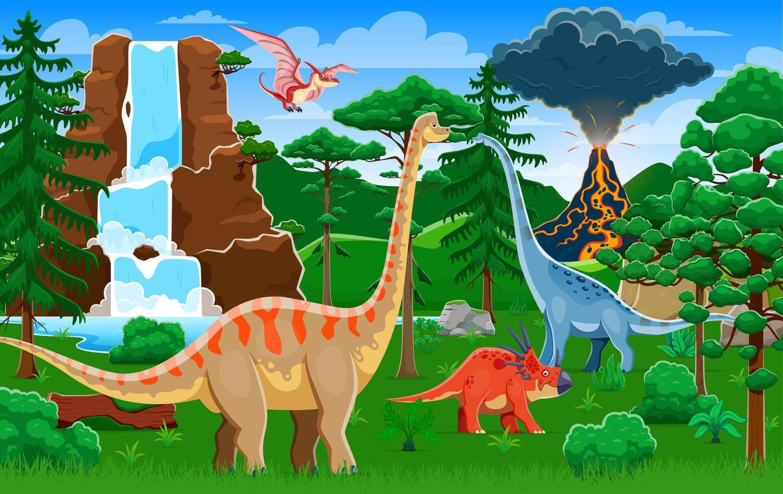 Dinosaurs in a colorful prehistoric setting vector