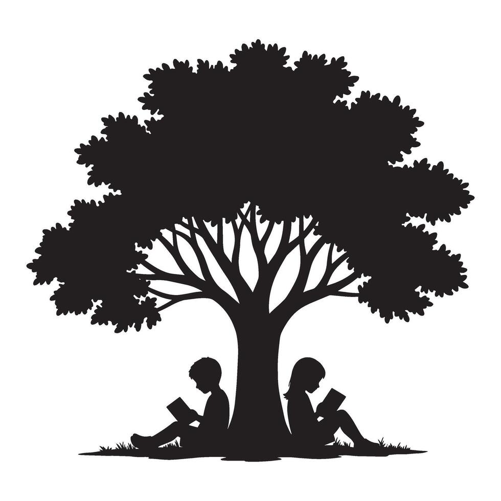 Silhouette of a large tree with children reading books beneath its shady branches vector