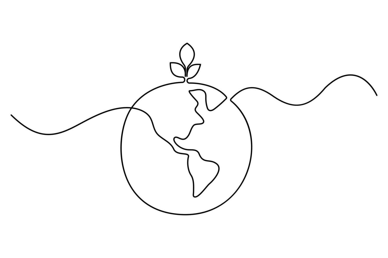 Minimal one line drawing of planet earth and sprouting leaf representing sustainable environment and eco responsibility vector