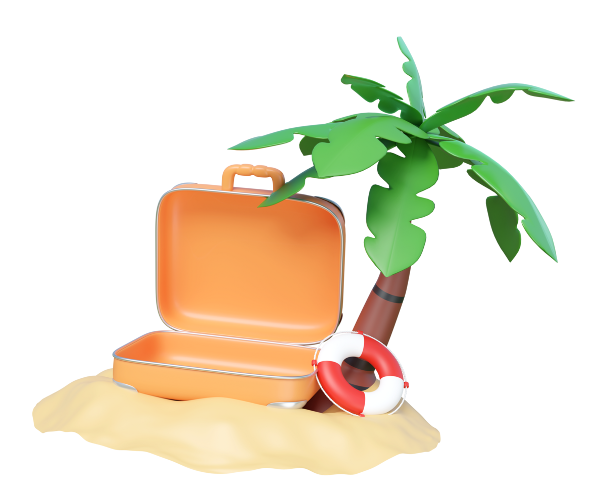 Minimal 3D render of an open orange suitcase on a sandy patch under a palm tree, with a red and white lifebuoy. Perfect for travel, vacation, and summer holiday concepts png