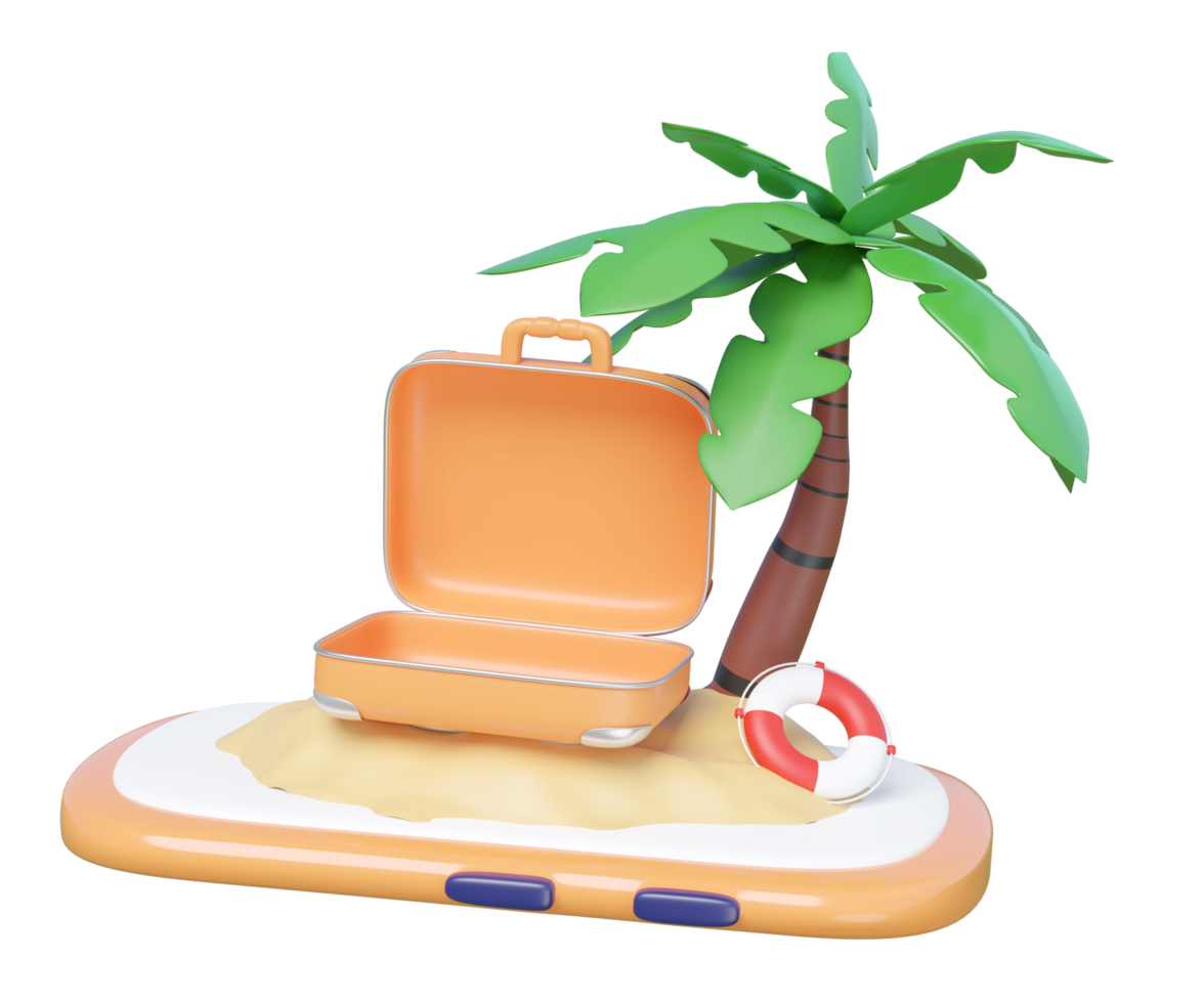 3D render of a mobile phone resembling a floating island with a palm tree, open suitcase, and lifebuoy, symbolizing online travel booking and summer vacation. png