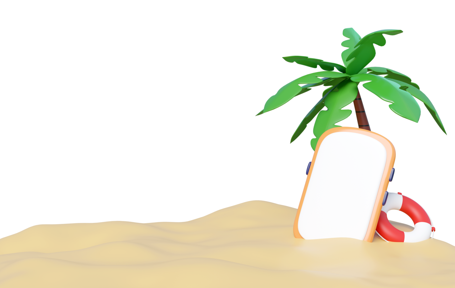 3D render of a tropical beach scene with a palm tree, a blank smartphone for copy space, and a lifebuoy on sandy ground. Ideal for summer, holiday, and travel themes. png