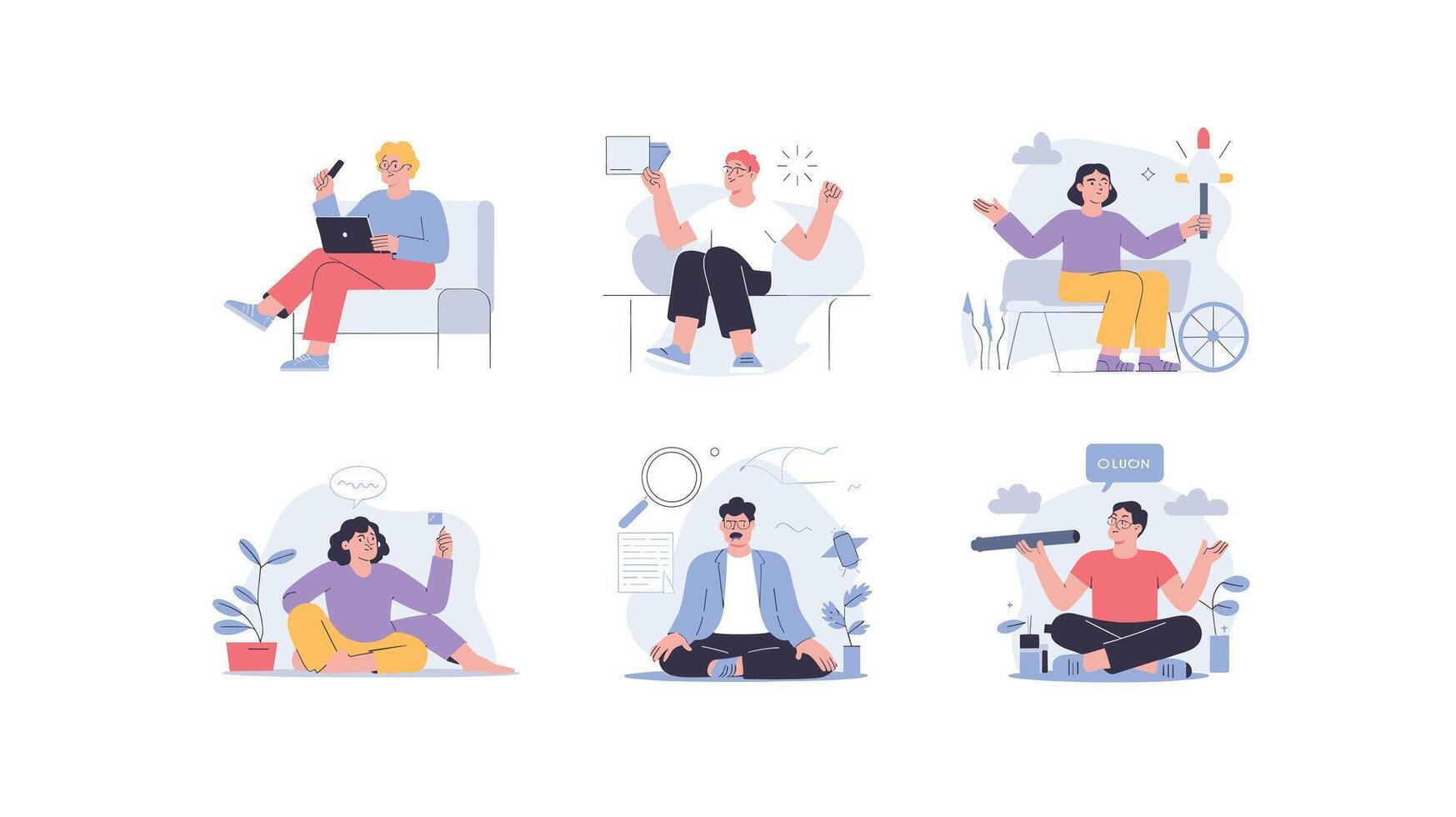 Diverse Professionals Working and Relaxing Illustration of Business, Creativity, and Mindfulness Concepts Depicting a Modern WorkLife Balance Scenario vector
