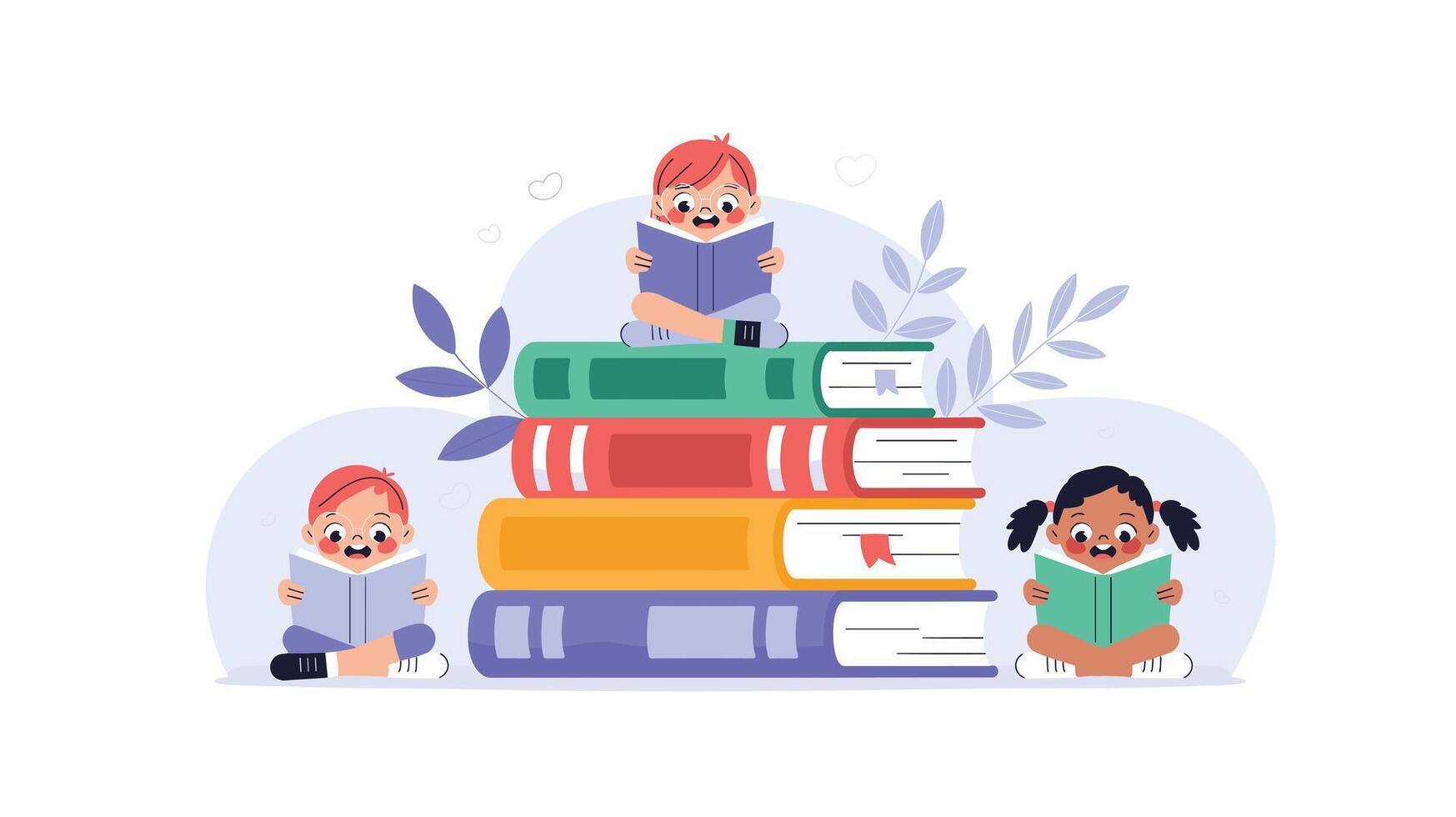 Cartoon Children Reading Books Stacked High A Joyful Learning Experience for Young Readers and Early Education Resources, Featuring Happy, Engaged Kids vector