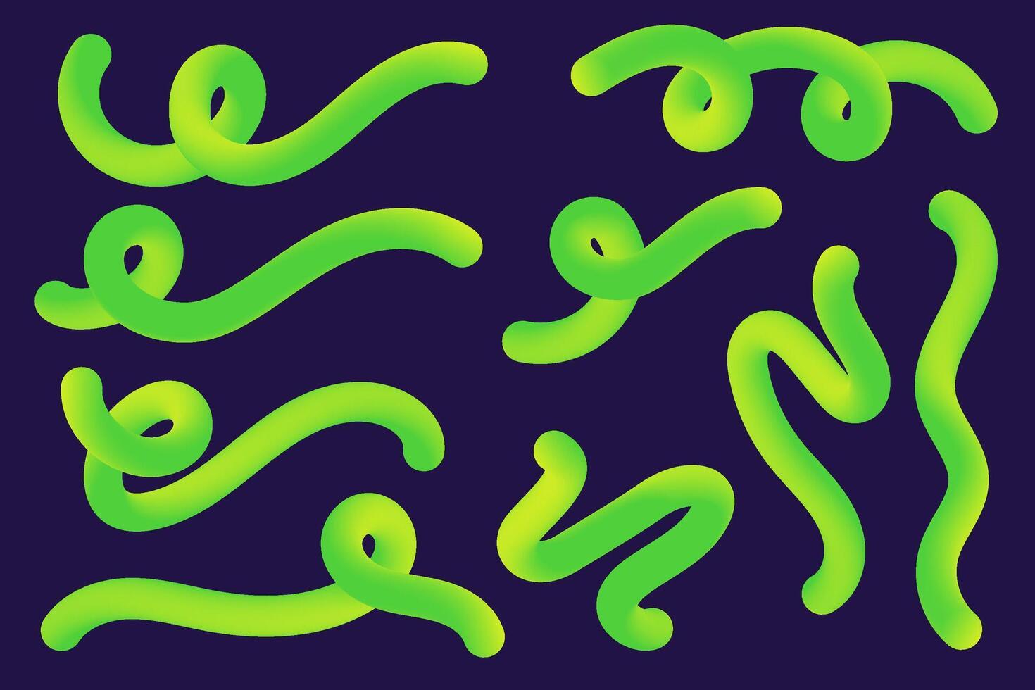 3d green gradient lines. Abstract wavy and squiggle organic shape on dark background. Swirl dynamic trendy elements set with neon gradation. Holographic vibrant color. vector
