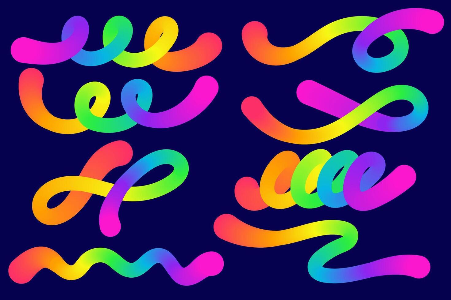 Color gradient lines on dark background. Abstract wavy spiral shapes. Rainbow ribbons design. Organic curved elements. Fluid bright squiggles with color gradation. vector