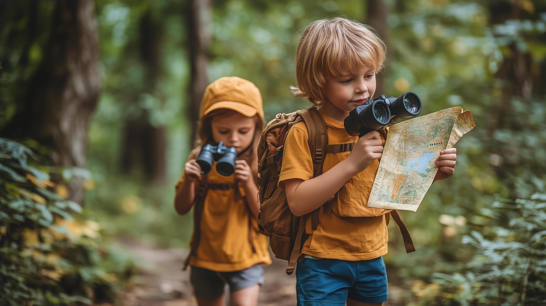 Kids Exploring Nature With Map and Camera on a Forest Trail During Autumn. photo