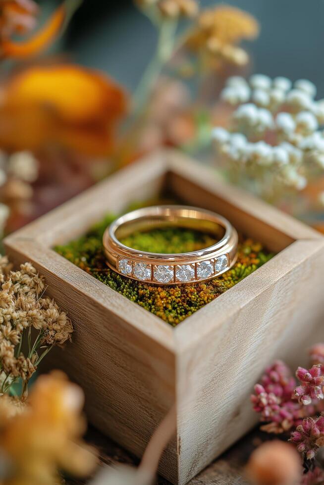 Elegant Gold Ring Adorned With Sparkling Gems Nestled in a Wooden Box Surrounded by Colorful Flowers photo