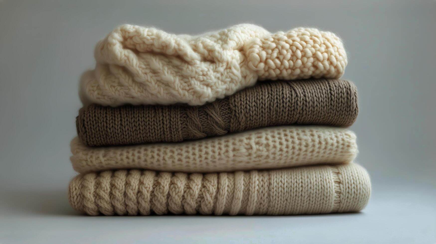 Cozy Knitted Sweaters Arranged Neatly in a Stack on a Soft Surface in a Warm-Toned Room. photo