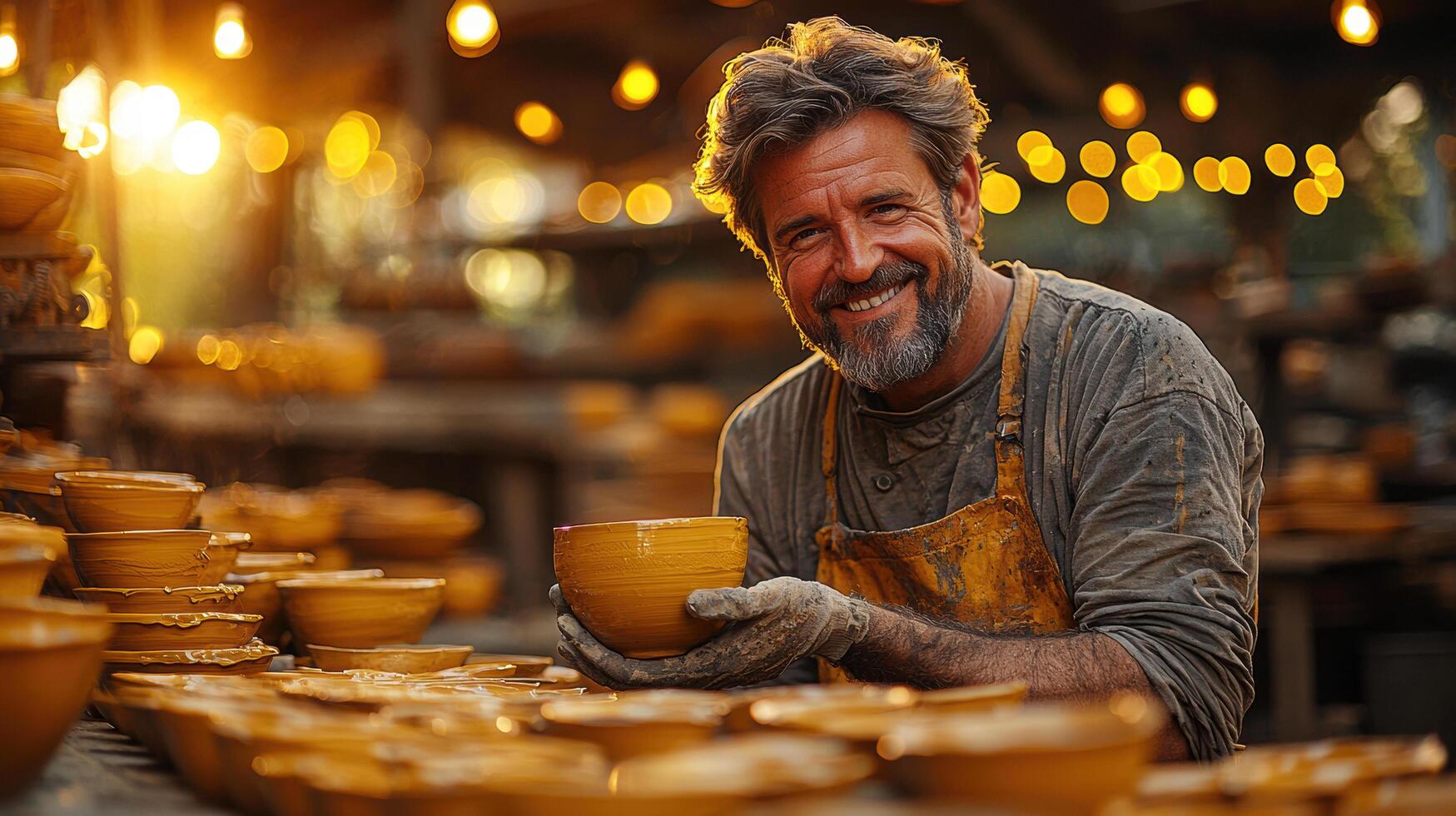 Artisan crafting handmade pottery in workshop, showcasing skill and joy photo