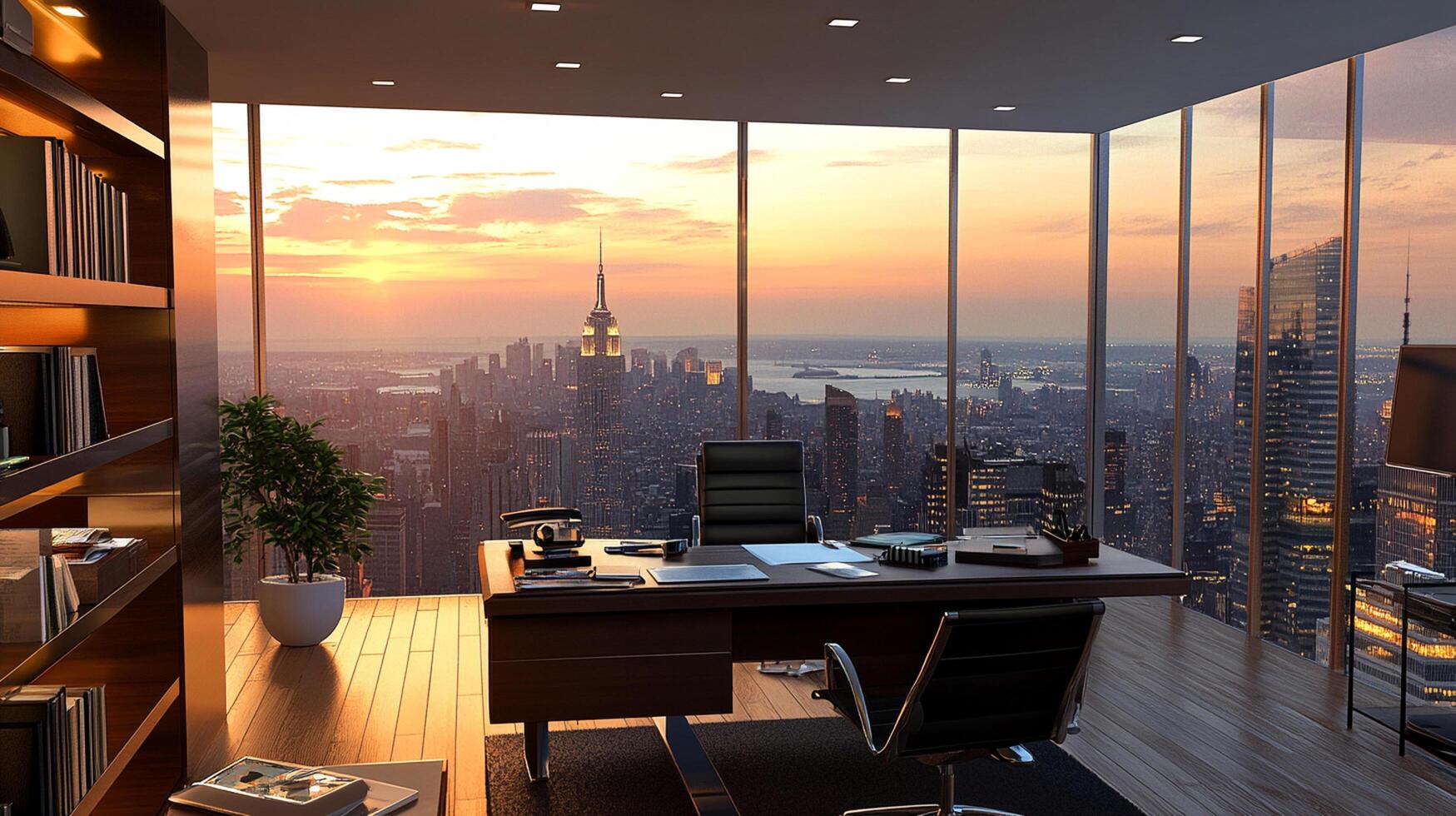 A desk and chair in front of a window with a view of the city photo