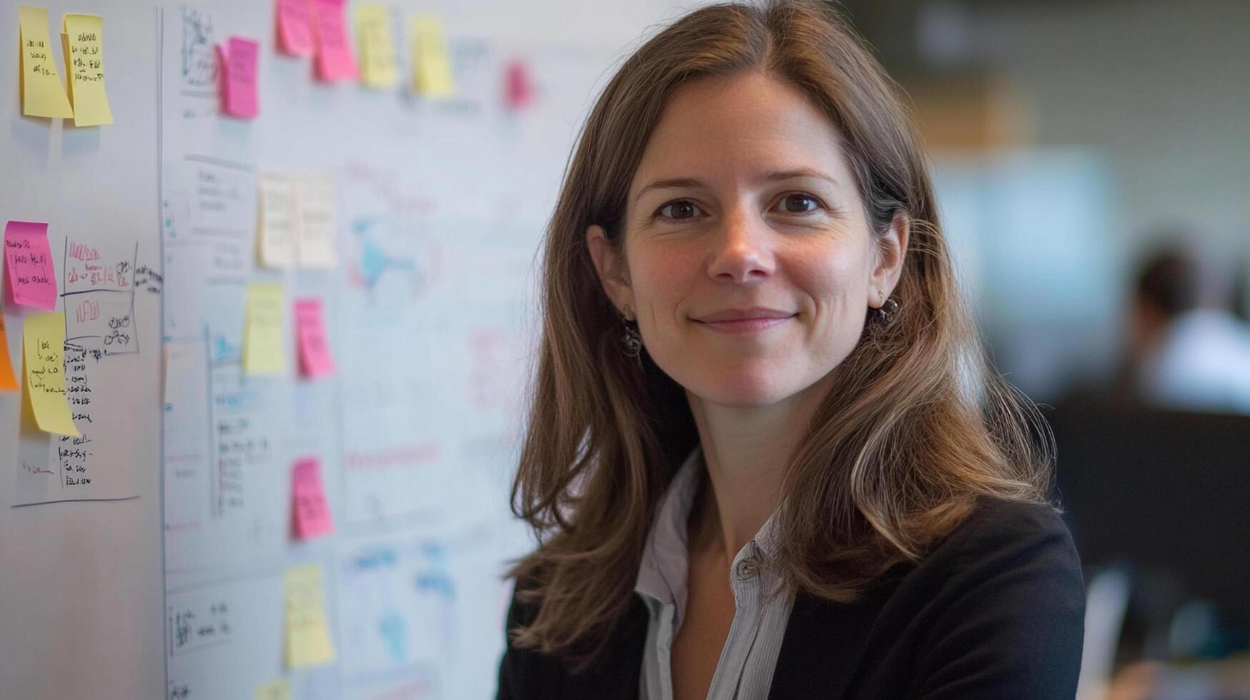 Businesswoman smiling in front of brainstorming board with sticky notes photo