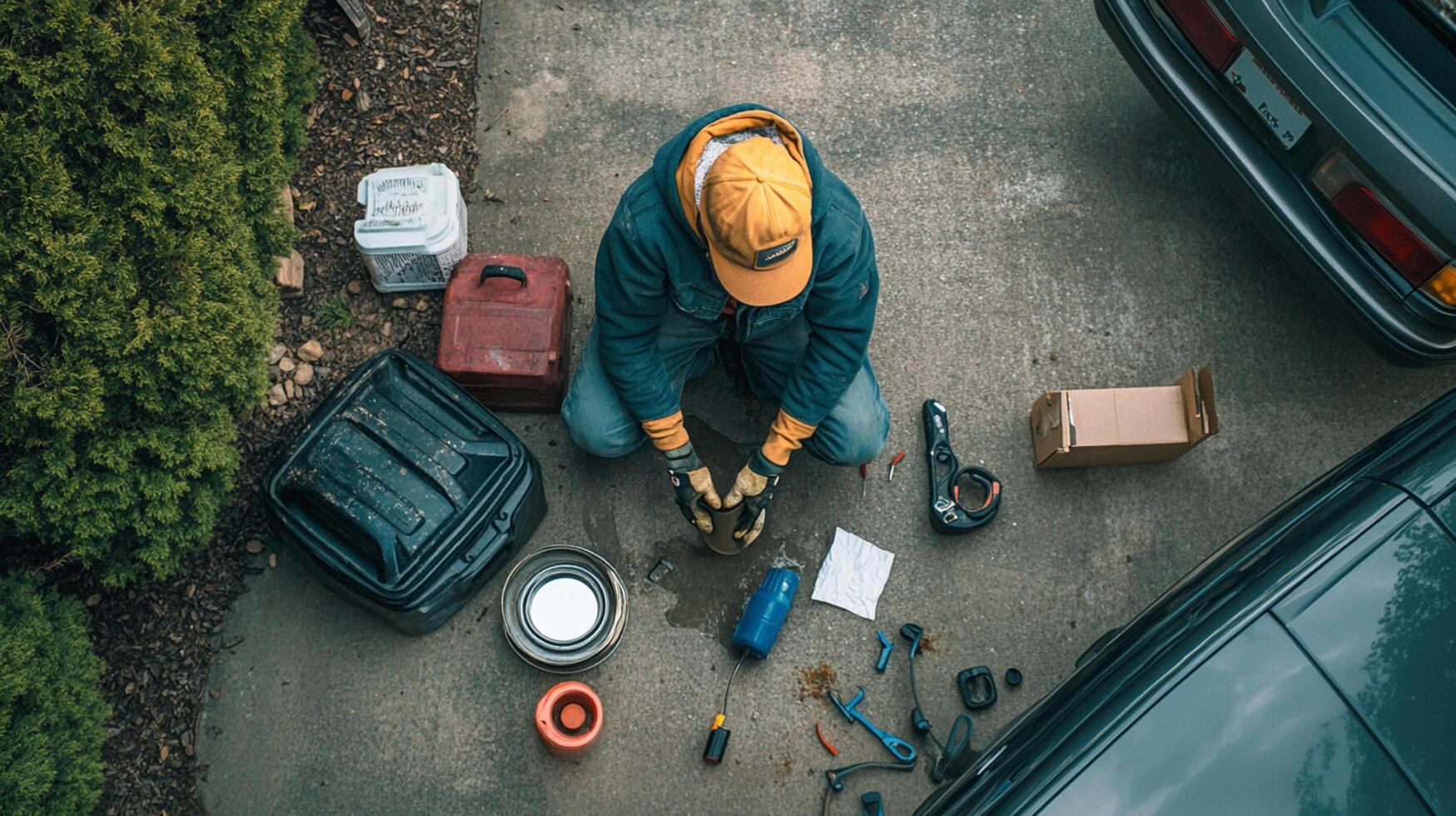 DIY enthusiast working on vehicle in driveway with tools and oil photo