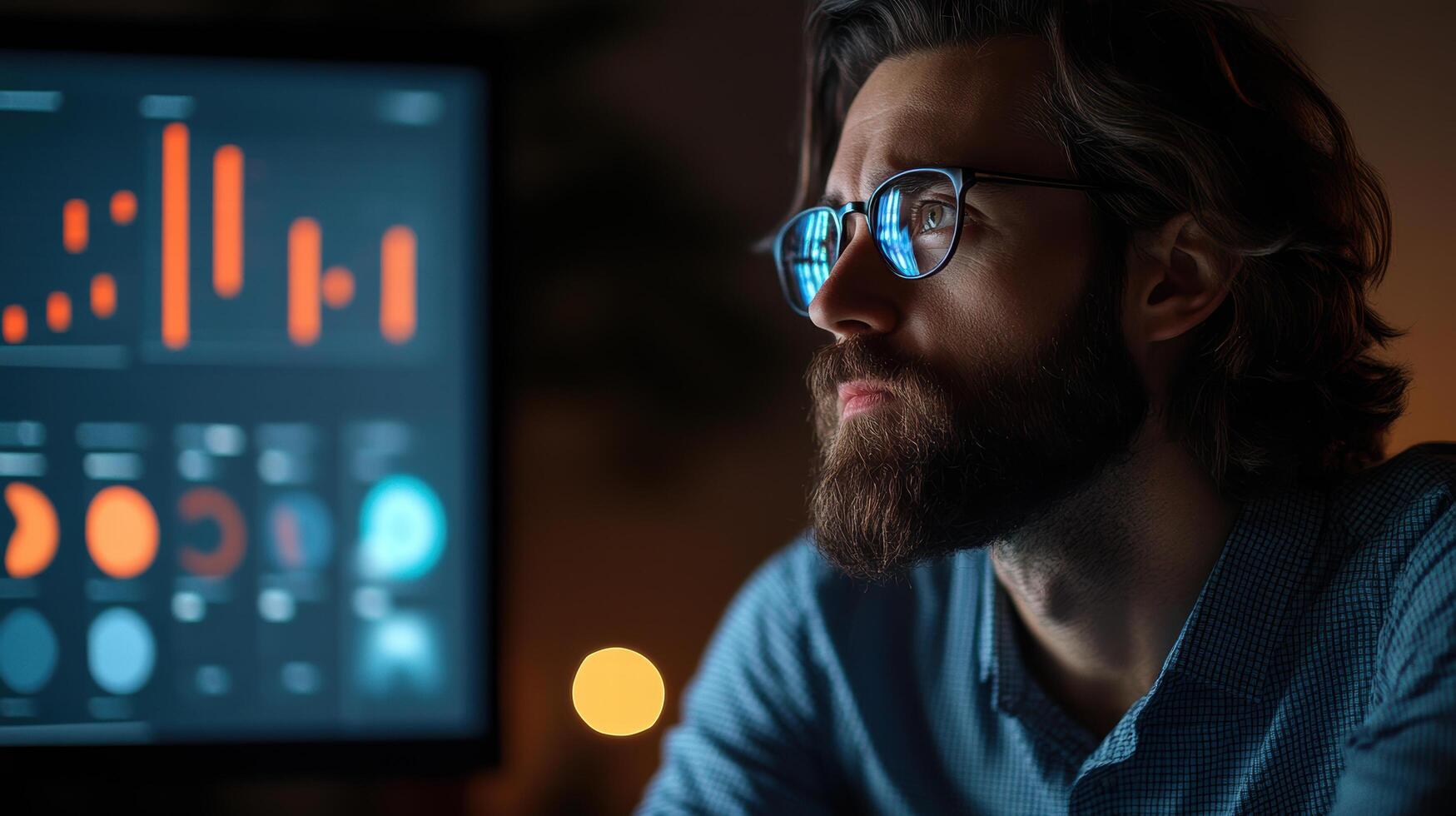 A man with glasses and a beard is looking at a computer screen photo