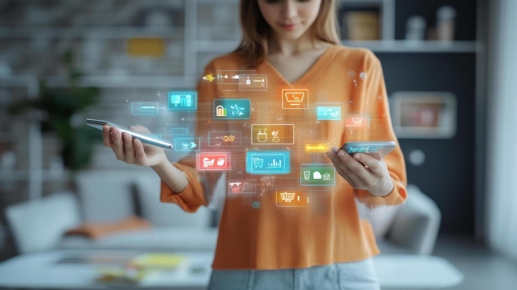 person using mobile apps with digital icons for shopping and data photo