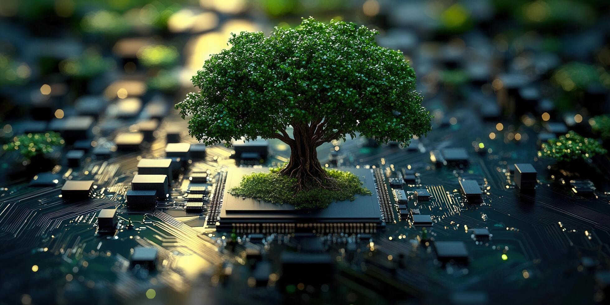 The image showcases a tree flourishing on a computer circuit board, blending nature and technology. photo