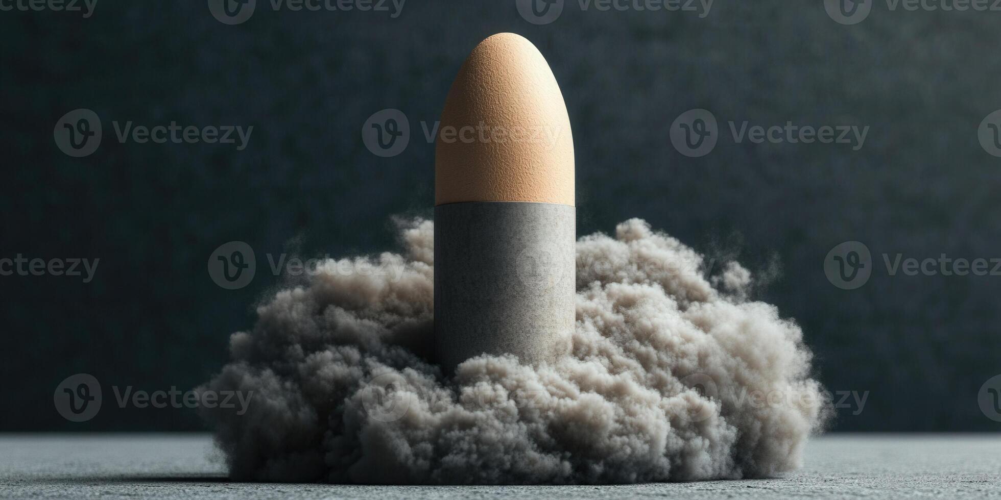A surreal conceptual image of an egg-shaped object taking off amidst smoke and darkness. photo