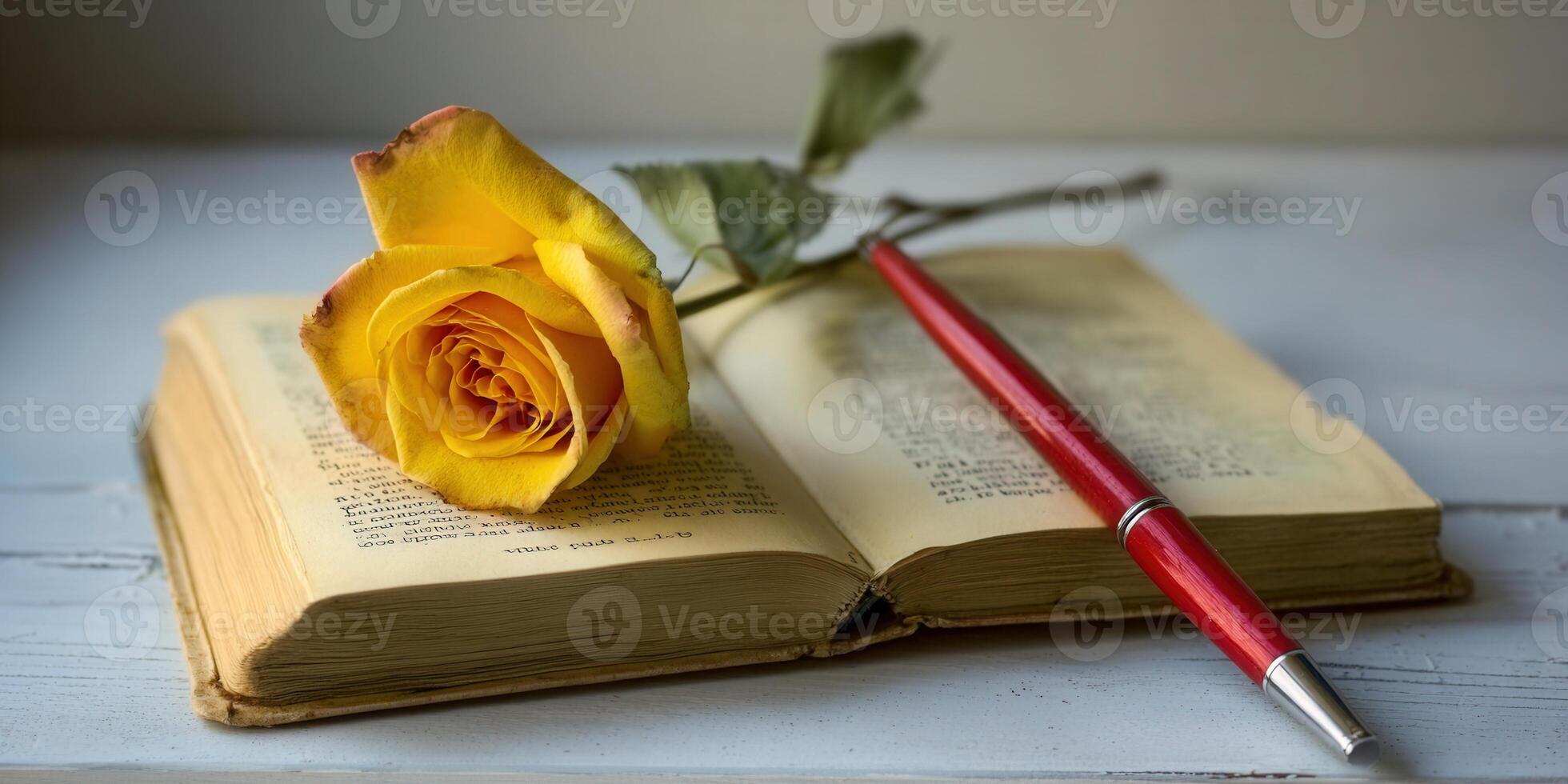A yellow rose and a pen rest on an open book, creating a scene of literary elegance. photo