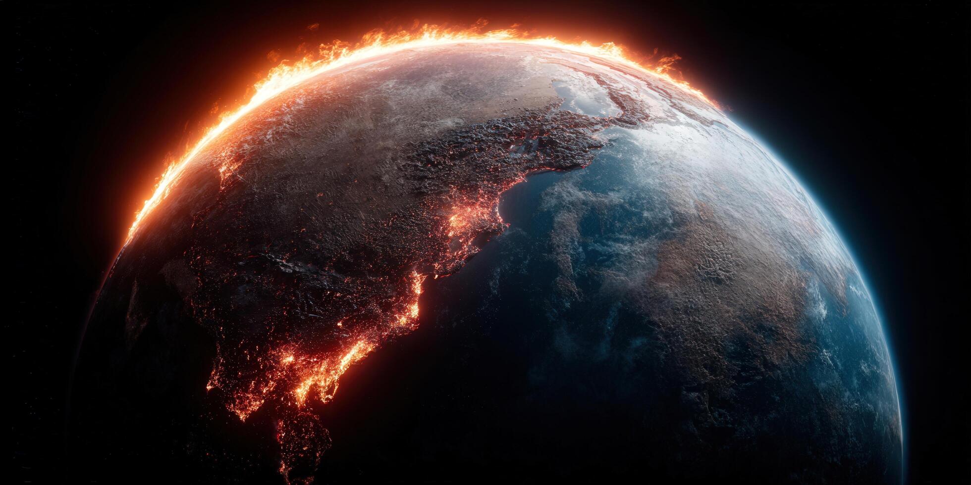 Burning Earth engulfed in flames, a powerful visual metaphor for climate change and global crises. photo