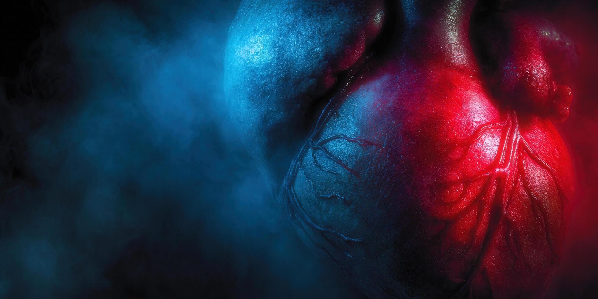 A stylized image of a human heart, bathed in dynamic blue and red light, creating a striking visual. photo