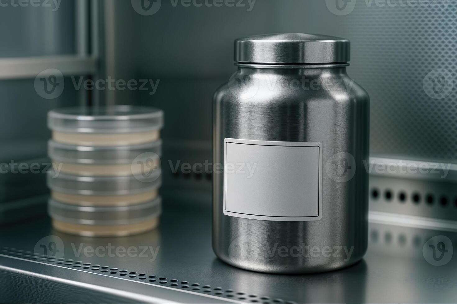 Empty Label Metal Container and Petri Dishes Displaying Laboratory Sterility in Controlled Environment For Scientific Research or Testing Facility Visualization photo
