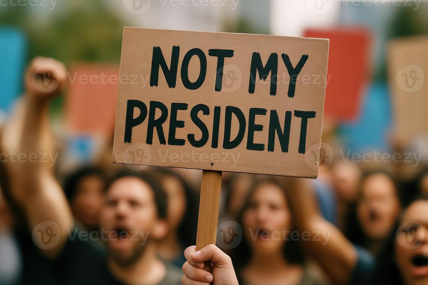 Protest Demonstration with Focus on Not My President Sign Held by Crowd of Activists in Motion in Urban Setting with Blurred Background photo