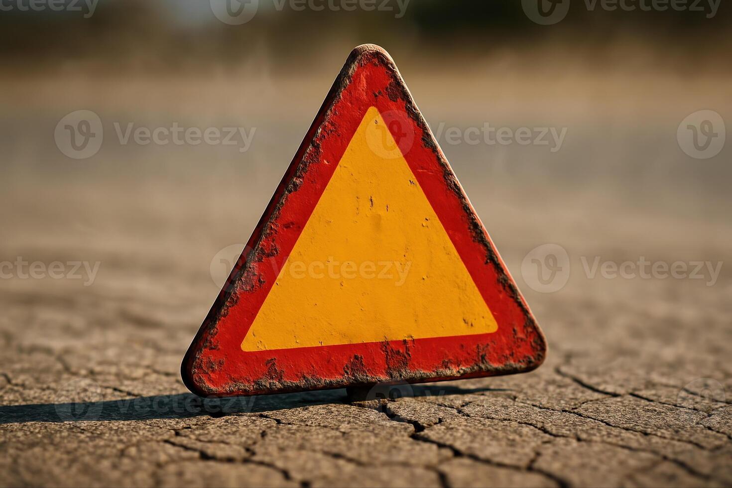 Empty Triangular Road Sign On Cracked Pavement Under Sunlight Environmental Decay Symbol Rustic Traffic Warning Signage Deterioration Concept Empty Road Safety Hazard photo