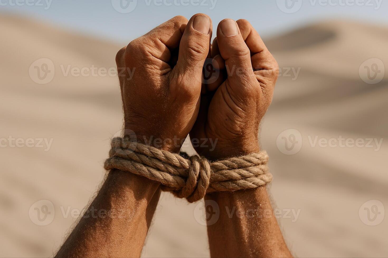 Enslaved in Desert Sandscape Hands Bound with Rope in Arid Desert Scene Epitomizing Captivity Isolation photo