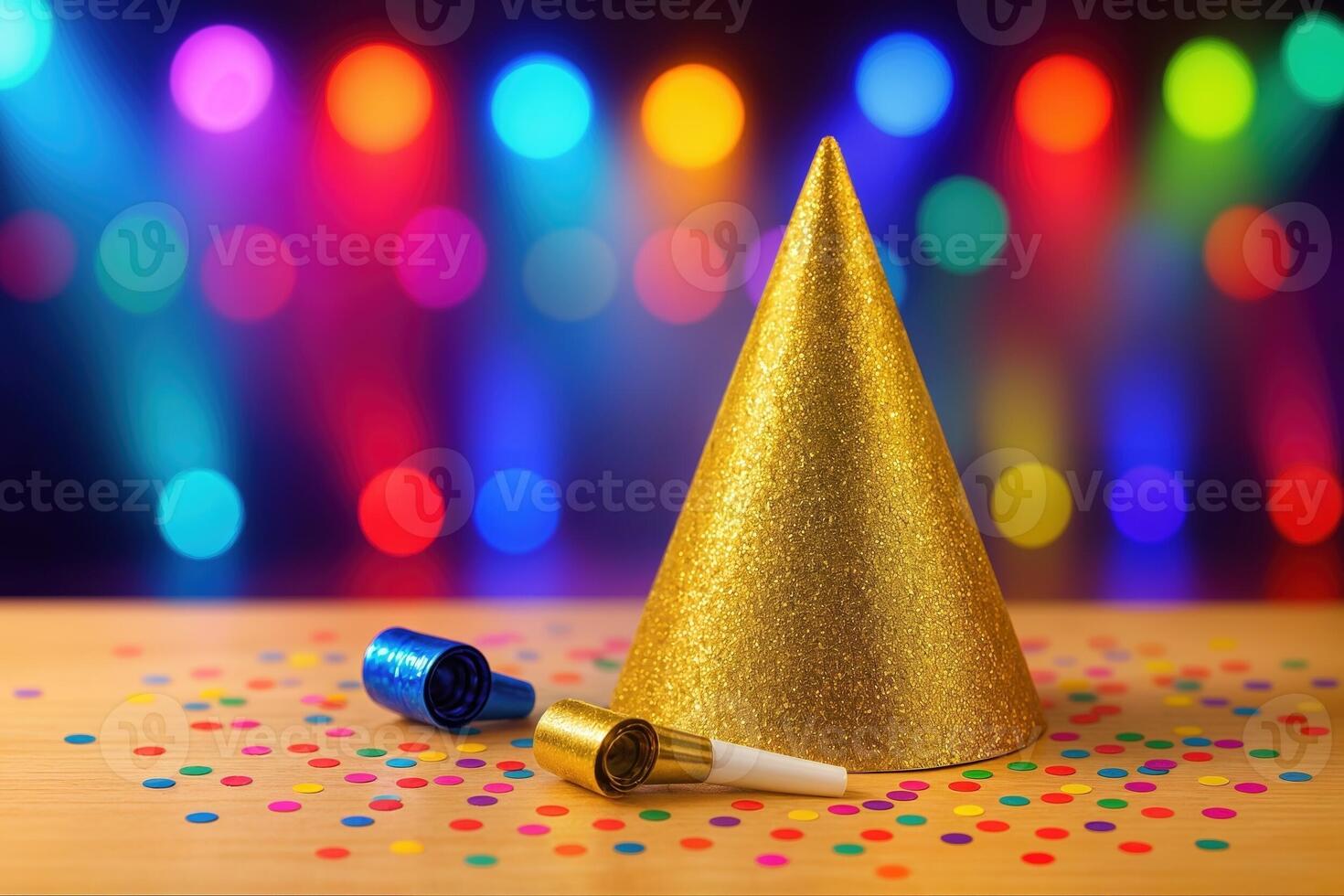 Celebratory Party Scene with Golden Cone Hat and Colorful Confetti, Festive Mood, Vibrant Lighting, Ideal for New Year or Birthday Celebration, Bokeh Background, Fun and Joyful Atmosphere photo