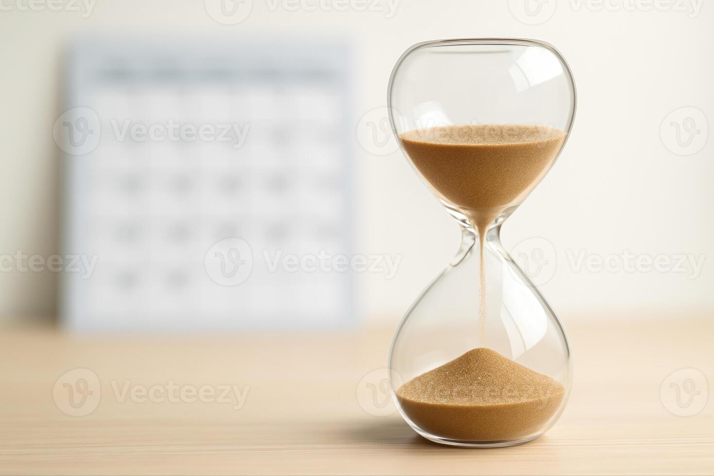 Hourglass with Flowing Sand on Wooden Desk and Blurred Calendar in Background Reflecting Time Management and Passing of Time Concepts photo