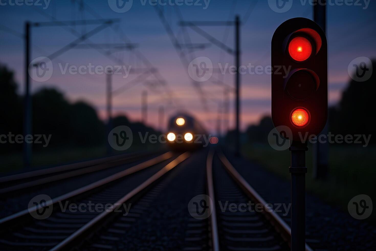 Twilight Train Approaching with Illuminated Signal Light on Railway Track at Dusk with Beautiful Sky Scenery photo