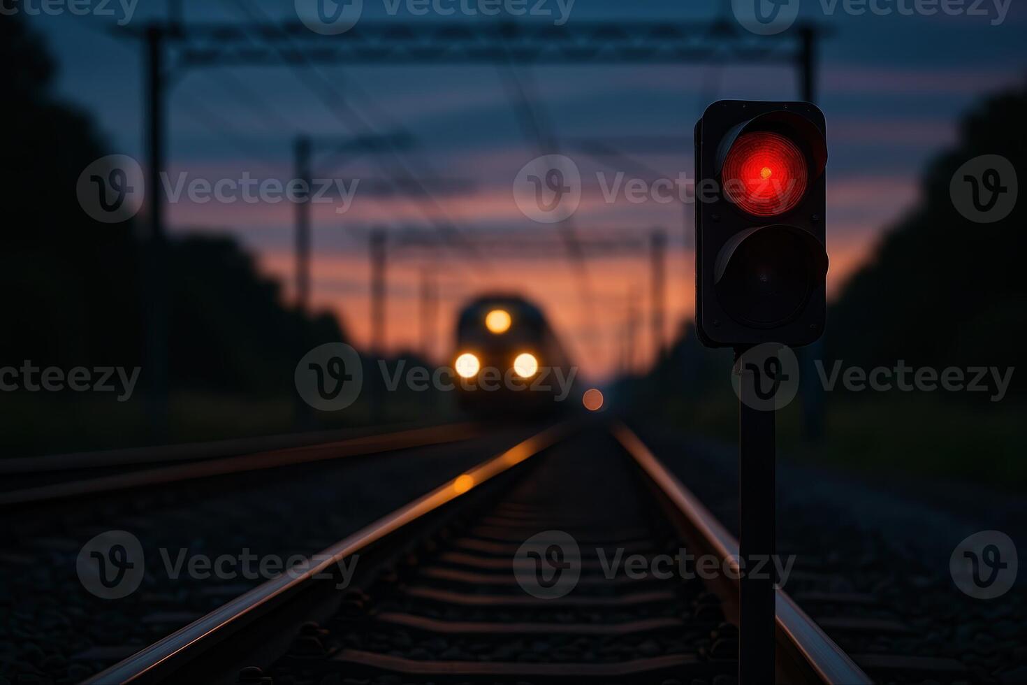 Twilight Train Approaching with Red Signal at Dusk on Railway Tracks, Capturing Evening Tranquility and Motion in Scenic Sunset Light photo