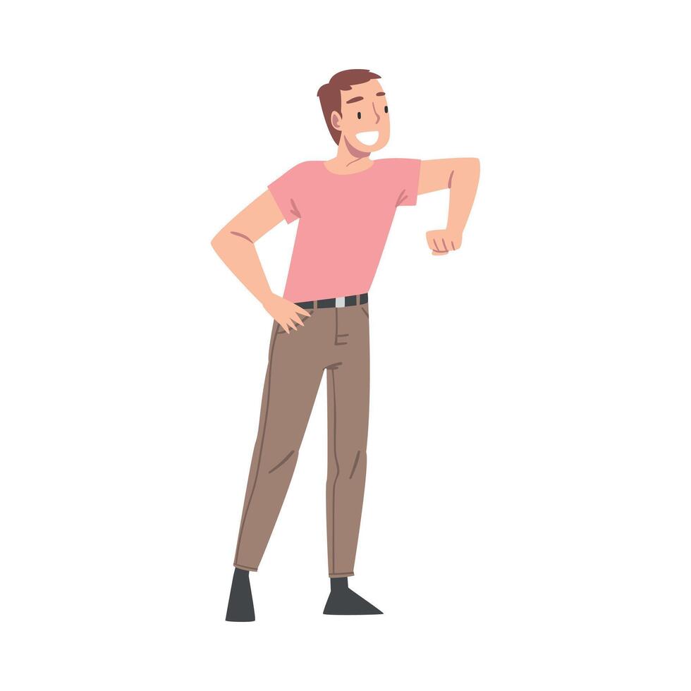 Overjoyed Male Character Gesturing with Elbow and Smiling with Joy and Excitement Full Length Illustration vector