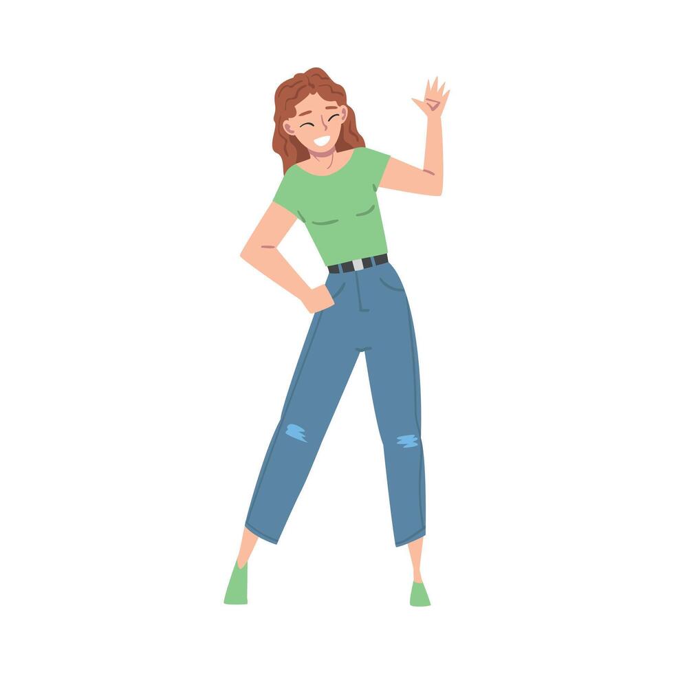 Overjoyed Female Character Waving Hand and Smiling with Joy and Excitement Full Length Illustration vector