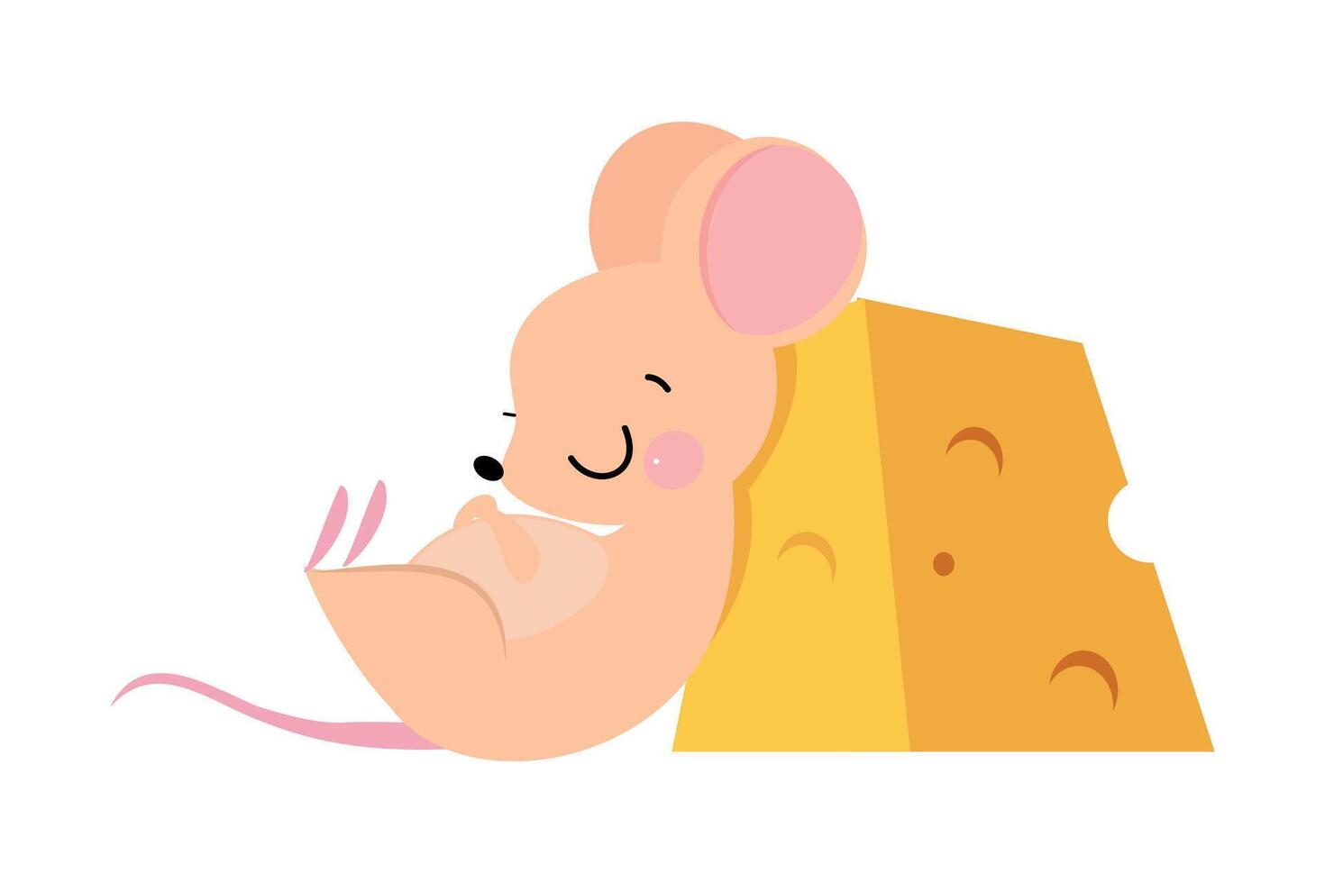 Cute Mouse with Pointed Snout and Rounded Ears Sleeping Leaning Against Huge Slab of Cheese Illustration vector