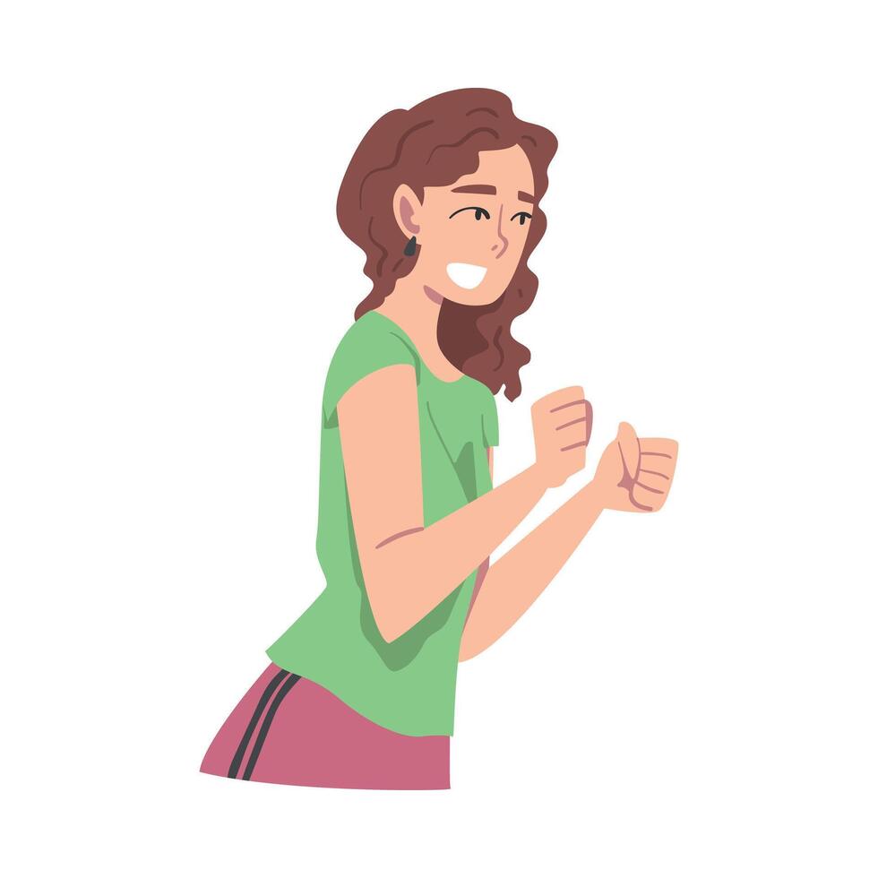 Happy Female Character Clenching Fists Smiling with Joy and Excitement Illustration vector