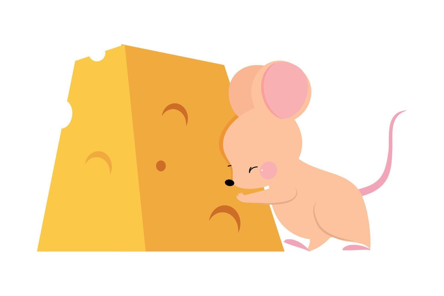 Cute Mouse with Pointed Snout and Rounded Ears Pushing Huge Slab of Cheese Illustration vector