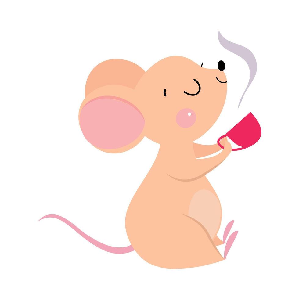 Funny Mouse with Pointed Snout and Rounded Ears Drinking Aromatic Tea Illustration vector