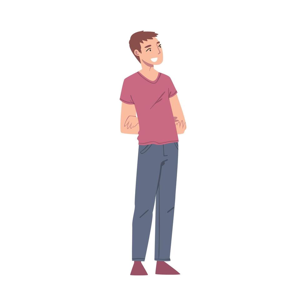 Overjoyed Male Character Putting Arms Behind Back and Smiling with Joy and Excitement Illustration vector